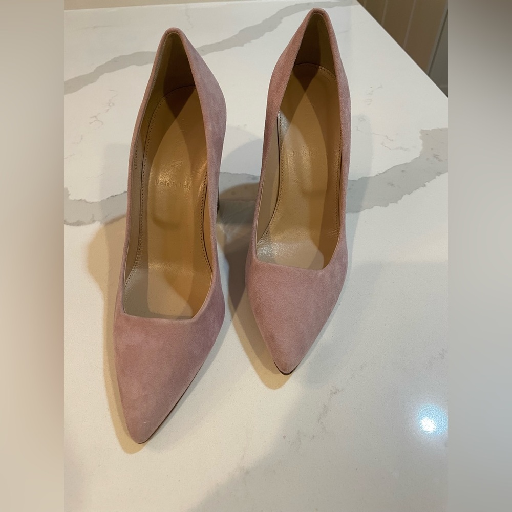 J. Crew pink suede tortoise block heels.